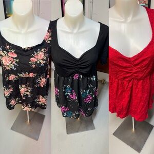 Torrid Black Floral and Red Lace Blouse Set